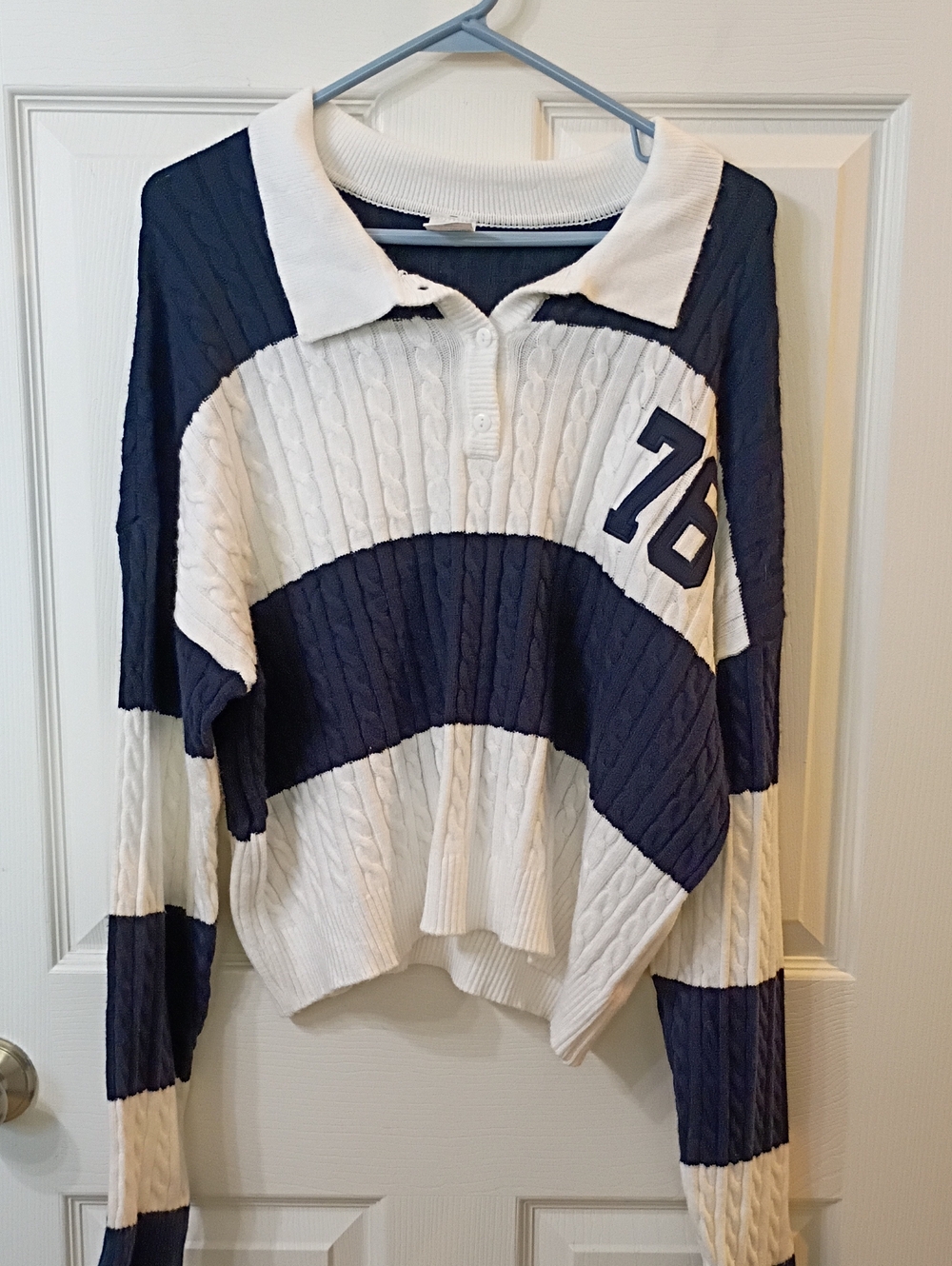 No Boundaries Navy & White Cropped Rugby V-Neck Sweater